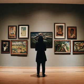 A visitor looking at framed paintings in a museum