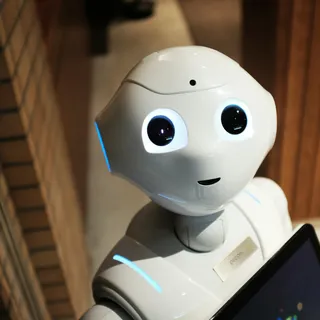 A white robot displayed against a warm wall