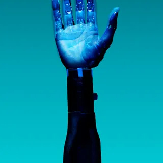 A blue robotic hand displayed against teal